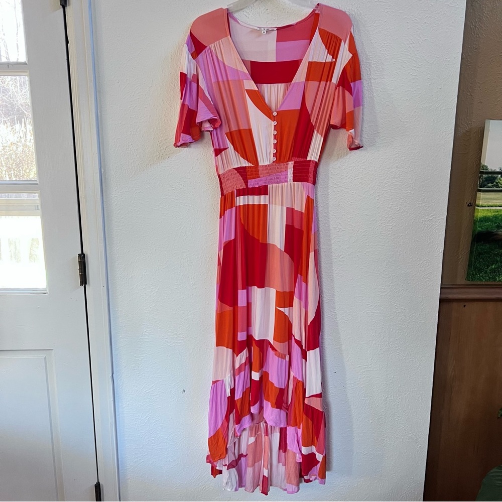 Abel the Label orange geo print high low dress